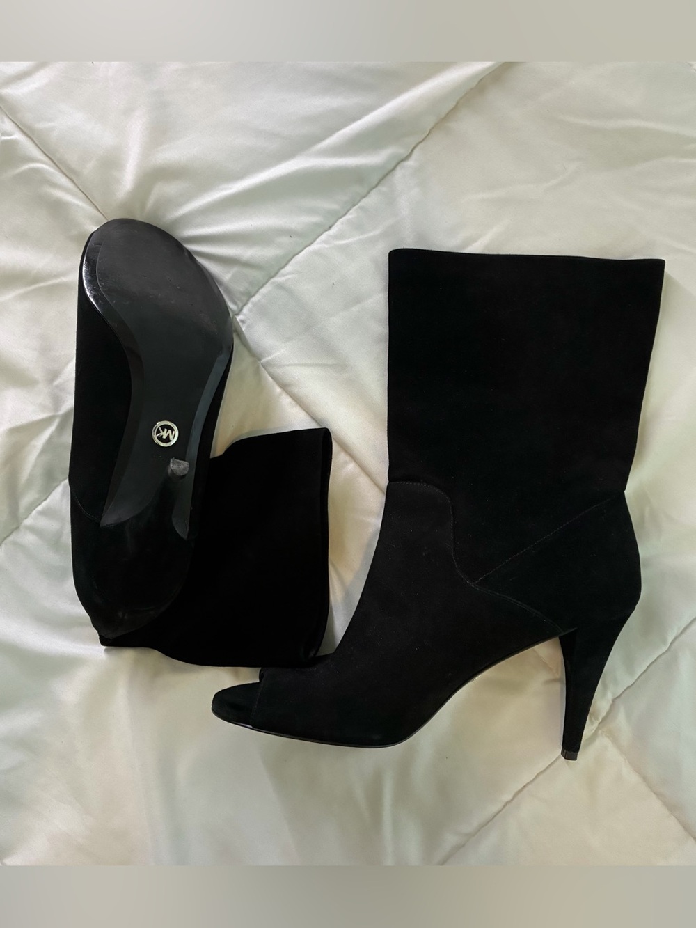 Michael Kors Elaine Black Suede Peep Toe Heeled Boots Size 8 - Picture 2 of 6